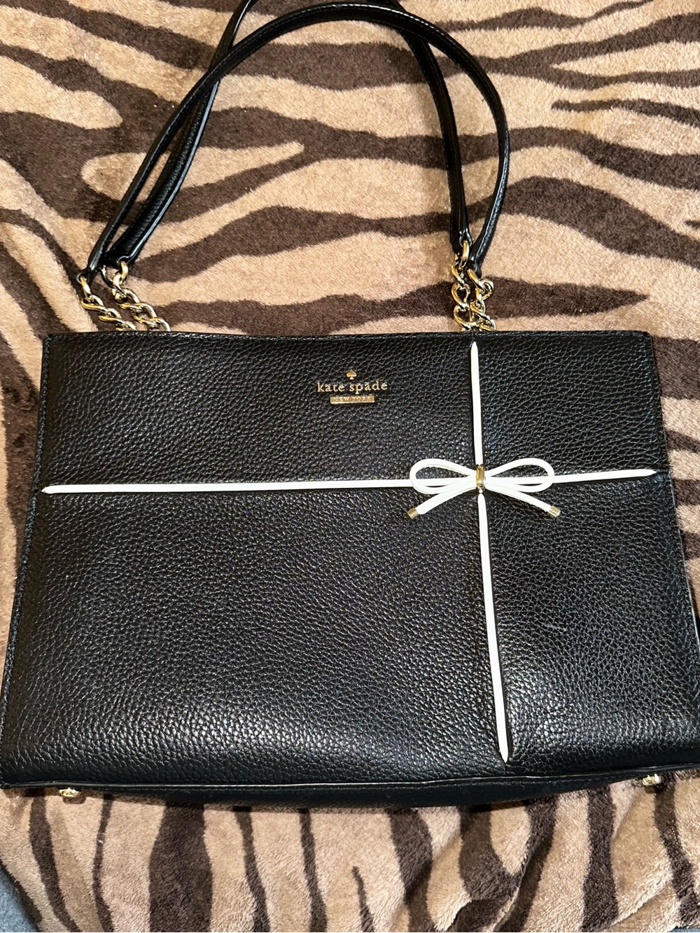 kate spade Black Pebbled Leather Tote with White Bow Accent